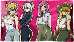 Size: 3500x2000 | Tagged: safe, artist:nolyanimeid, derpibooru import, applejack, fluttershy, human, g4, 2b, applerack, ass, breasts, butt, cleavage, clothes, crossover, female, high res, hootershy, humanized, jackie lynn thomas