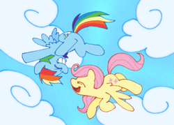 Size: 541x387 | Tagged: safe, artist:driftwoodpony, derpibooru import, fluttershy, rainbow dash, pegasus, pony, g4, duo, duo female, eyes closed, female, flying, grin, mare, open mouth, open smile, outdoors, sky background, smiling