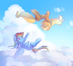 Size: 1280x1164 | Tagged: safe, artist:snowzoriole, derpibooru import, applejack, rainbow dash, earth pony, pegasus, pony, appledash, cloud, duo, female, floating, flying, lesbian, looking at each other, looking at someone, mare, outdoors, shipping, sky, upside down