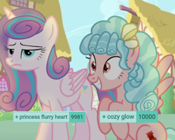 Size: 720x576 | Tagged: dead source, safe, artist:可怜的孩纸, derpibooru import, edit, cozy glow, princess flurry heart, alicorn, pegasus, pony, g4, 10000, derpibooru, female, flurry heart is not amused, happy, mare, meta, milestone, older, older cozy glow, older flurry heart, outdoors, tags, unamused