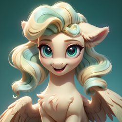 Size: 3072x3072 | Tagged: safe, ai content, derpibooru import, generator:stable diffusion, machine learning generated, vapor trail, pegasus, pony, g4, beautiful, bust, female, fluffy, generator:autismmix pony, gradient background, happy, looking at you, portrait, prompter:thunderflash, smiling, solo, wings