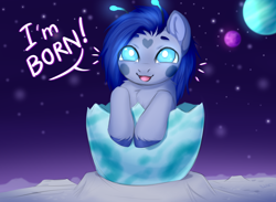 Size: 2064x1512 | Tagged: safe, artist:lina, derpibooru import, oc, oc:lina, oc:lina firesoul, alien, alien pony, pony, antenna, baby, baby pony, chest fluff, cute, ear fluff, ears, egg, foal, hatchling, hoof fluff, looking at you, luntik, moon, ocbetes, open mouth, planet, ponified, russian animation, sketch, smiling, smiling at you, solo, space, species swap, stars