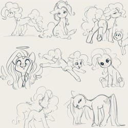 Size: 4000x4000 | Tagged: safe, artist:miokomata, derpibooru import, fluttershy, pinkie pie, earth pony, pegasus, pony, g4, balloonbutt, butt, cute, diapinkes, duo, duo female, ears, female, floating wings, floppy ears, grayscale, grin, halo, head turn, hoof hold, knife, mare, monochrome, pinkamena diane pie, plot, sitting, smiling, underhoof, wings