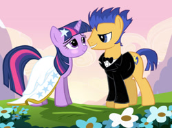 Size: 1706x1274 | Tagged: safe, artist:fynsy.com, derpibooru import, flash sentry, twilight sparkle, pony, ambiguous race, blushing, bowtie, clothes, dress, elsagate game, female, flashlight, flower, fynsy, game, grass, horn, male, mare, marriage, mountain, necktie, outdoors, shipping, smiling, smitten, stallion, straight, suit, tail, wedding, wedding dress, weird youtube kids video