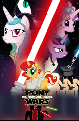 Size: 1988x3056 | Tagged: safe, derpibooru import, nightmare moon, princess cadance, princess celestia, princess luna, sunset shimmer, twilight sparkle, twilight sparkle (alicorn), alicorn, earth pony, pegasus, pony, unicorn, g4, anakin skywalker, apprentice, b1 battle droid, boots, darth maul, double-bladed lightsaber, droid, duel, e-5 blaster rifle, female, horn, jedi, lightsaber, mare, obi wan kenobi, padawan, padme amidala, poster, qui-gon jinn, reference, scenery, shoes, sith, standard lightsaber, star wars, threat, threatening, weapon, zabrak