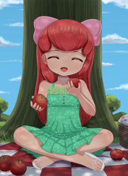 Size: 2480x3425 | Tagged: safe, artist:focusb, derpibooru import, apple bloom, human, anime style, apple, basket, child, choker, cloud, crossed legs, cute, day, eyes closed, facing you, flip flops, food, grass, holding, humanized, open mouth, outdoors, picnic, picnic basket, picnic blanket, sandals, shoes, sitting, sky, smiling, tree, younger