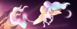 Size: 5259x2000 | Tagged: safe, artist:shaslan, derpibooru import, princess celestia, alicorn, pony, cloven hooves, colored wings, crescent moon, flying, leonine tail, moon, solo, tail, unshorn fetlocks, wings