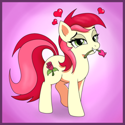 Size: 2000x2004 | Tagged: safe, artist:vomitvomiting, derpibooru import, roseluck, earth pony, pony, floating heart, flower, flower in mouth, gradient background, heart, looking at you, mouth hold, rose, rose in mouth, solo