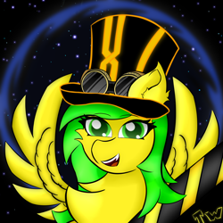 Size: 4200x4200 | Tagged: safe, artist:twinky, derpibooru import, oc, oc only, pegasus, pony, chest fluff, ear fluff, ears, female, glasses, green eyes, green mane, hat, mare, solo, space, spread wings, steampunk, top hat, wings