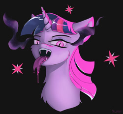 Size: 1398x1296 | Tagged: safe, artist:yumir, derpibooru import, twilight sparkle, bat pony, pony, undead, vampire, vampony, black background, fangs, female, mare, simple background, solo, tongue, tongue out