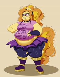 Size: 2529x3246 | Tagged: safe, artist:seatbelt, derpibooru import, adagio dazzle, anthro, earth pony, plantigrade anthro, pony, adagio wobble, commission, fat, glasses, messy mane, morbidly obese, nerd, obese, ponified, simple background, smiling, solo, species swap