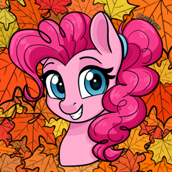 Size: 5000x5000 | Tagged: safe, artist:cloudmild, derpibooru import, pinkie pie, earth pony, pony, g4, autumn, bust, cute, diapinkes, female, happy, leaves, mare, ponytail, smiling, solo