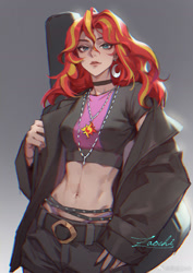 Size: 900x1273 | Tagged: safe, artist:gongxiao zao, derpibooru import, sunset shimmer, human, belly, belly button, belt, belt buckle, choker, clothes, cowboy shot, ear piercing, earring, fit, gradient background, guitar case, humanized, jacket, jewelry, looking at you, necklace, pendant, piercing, rainbow rocks 10th anniversary, shirt, shorts, slender, solo, standing, text, thin, weibo