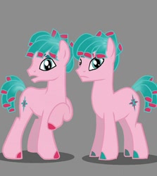 Size: 983x1100 | Tagged: safe, artist:princess_skyresh_glow, derpibooru import, earth pony, pony, g4, better source needed, colored eyebrows, colored hooves, duo, duo male, geek (the fixies), gray background, hooves, looking at you, male, pink skin, ponified, raised hoof, raised leg, siblings, simple background, species swap, standing, teal eyes, the fixies, tweak (the fixies), twins