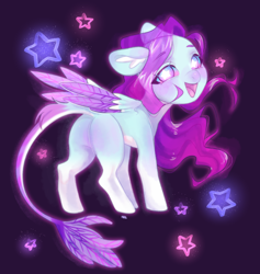 Size: 2594x2732 | Tagged: safe, artist:ruru_01, derpibooru import, oc, oc only, pegasus, pony, abstract background, folded wings, full body, looking at you, looking back, looking back at you, smiling, smiling at you, solo, wings