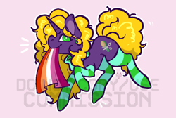 Size: 1000x673 | Tagged: safe, artist:maroonmads, derpibooru import, oc, oc only, pony, unicorn, clothes, commission, female, horn, lesbian, lesbian pride flag, pride, pride flag, socks, solo, striped socks, watermark, ych result