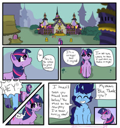 Size: 1600x1700 | Tagged: artist needed, source needed, safe, derpibooru import, twilight sparkle, oc, oc:bluethunder, unicorn, canterlot, comic, fluffy, horn, outdoors, school