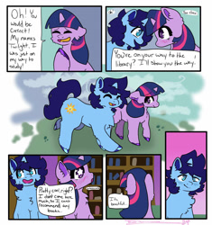 Size: 1600x1700 | Tagged: artist needed, source needed, safe, derpibooru import, twilight sparkle, oc, oc:blue thunder, unicorn, 6 panel comic, comic, fluffy, horn, library