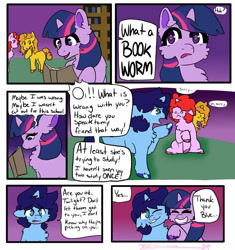 Size: 1600x1700 | Tagged: artist needed, source needed, safe, derpibooru import, twilight sparkle, oc, oc:blue thunder, unicorn, 6 panel comic, book, bully, bullying, comic, fluffy, horn