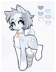 Size: 736x950 | Tagged: safe, artist:valeria_fills, derpibooru import, oc, oc only, earth pony, pony, adoptable, blue eyes, blush lines, blushing, chest fluff, clothes, coat markings, collar, colored pinnae, deer tail, ear fluff, ears, femboy, hock fluff, looking away, male, pale belly, raised hoof, raised leg, reference sheet, short mane, shrunken pupils, simple background, smiling, socks, socks (coat marking), solo, stallion, star collar, striped socks, tail, three toned mane, white background