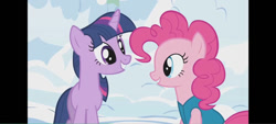 Size: 826x372 | Tagged: safe, derpibooru import, screencap, pinkie pie, twilight sparkle, unicorn twilight, earth pony, pony, unicorn, g4, winter wrap up, female, horn, outdoors