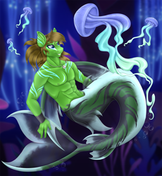 Size: 3000x3257 | Tagged: safe, artist:mailner, derpibooru import, oc, oc only, anthro, jellyfish, mermaid, merpony, pegasus, anthro oc, bubble, coral, digital art, dorsal fin, eyebrows, fin, fingernails, fins, fish tail, flowing mane, flowing tail, jewelry, male, necklace, ocean, scales, seaquestria, seashell necklace, seaweed, smiling, solo, stallion, swimming, tail, underwater, water