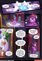 Size: 3541x5121 | Tagged: safe, artist:angusdra, artist:lummh, derpibooru import, princess cadance, princess celestia, alicorn, pony, comic:the princess of love, g4, absurd resolution, comic, crown, female, foal, glowing, glowing horn, hoof shoes, horn, jewelry, magic, mare, necklace, pendant, peytral, princess shoes, prismia, regalia, speech bubble, teen princess cadance, thought bubble, wings, younger