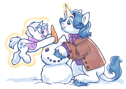 Size: 2626x1846 | Tagged: safe, artist:stimpower, derpibooru import, double diamond, fancypants, pony, unicorn, horn, snow, snowman