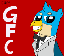 Size: 2688x2360 | Tagged: safe, artist:disneymarvel96, derpibooru import, gallus, griffon, bowtie, clothes, colonel sanders, kentucky fried gallus, kfc, logo, logo parody, male, necktie, parody, ribbon bow tie, smiling, solo, suit, that griffon sure does love kfc