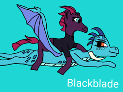 Size: 4096x3072 | Tagged: safe, artist:blackblade360, derpibooru import, princess ember, tempest shadow, dragon, pony, unicorn, g4, black shirt, blue background, blue scales, broken horn, clothes, crack shipping, cyan eyes, digital art, dragoness, eye scar, facial scar, female, flying, freckles, horn, ibispaint x, looking at each other, looking at someone, mare, mohawk, orange eyes, purple coat, purple mane, purple tail, riding a dragon, scales, scar, ship:temper, shipping, shirt, signature, simple background, smiling, smiling at each other, spikes, spread wings, tail, wings