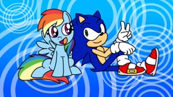 Size: 1920x1080 | Tagged: safe, artist:doctorsonic1991, derpibooru import, rainbow dash, hedgehog, pegasus, pony, blue background, crossover, duo, gesture, mobian, open mouth, open smile, patterned background, simple background, sitting, smiling, sonic the hedgehog, sonic the hedgehog (series)