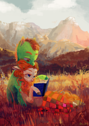 Size: 2481x3508 | Tagged: safe, artist:wolfiedrawie, derpibooru import, oc, oc only, earth pony, pony, autumn, blanket, book, commission, duo, female, looking at each other, looking at someone, male, mare, mountain, oc x oc, outdoors, picnic, reading, scenery, shipping, stallion, straight