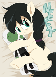 Size: 2425x3351 | Tagged: safe, artist:spoonie, derpibooru import, oc, oc only, oc:anon, oc:floor bored, earth pony, pony, bed, body pillow, butt, neet, solo, sweat