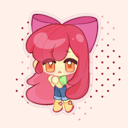 Size: 800x800 | Tagged: safe, artist:拾青sqing, derpibooru import, apple bloom, human, equestria girls, g4, belt, blushing, chibi, clothes, color outline, denim, jeans, looking at you, pants, pink background, shirt, shoes, simple background, solo