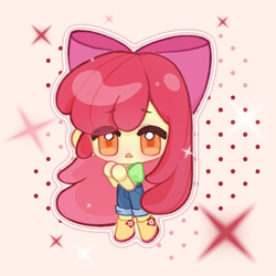 Size: 800x800 | Tagged: safe, alternate version, artist:拾青sqing, derpibooru import, apple bloom, human, equestria girls, g4, belt, blushing, chibi, clothes, color outline, denim, jeans, looking at you, pants, pink background, shirt, shoes, simple background, solo, sparkles