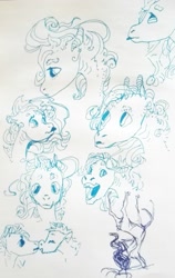 Size: 1768x2805 | Tagged: safe, artist:wolfiedrawie, derpibooru import, oc, oc only, merpony, pony, blue background, female, gills, mare, monochrome, simple background, sketch, solo, tongue, tongue out, traditional art