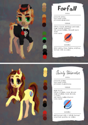 Size: 3508x4941 | Tagged: safe, artist:wolfiedrawie, derpibooru import, oc, oc only, oc:farfall, oc:painty watercolor, earth pony, pony, bowtie, clothes, color palette, cutie mark, female, flower, flower in hair, hat, looking at you, male, mare, necktie, raised hoof, raised leg, reference sheet, rose, stallion, suit, translation request