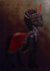 Size: 2480x3508 | Tagged: safe, artist:wolfiedrawie, derpibooru import, king sombra, pony, unicorn, g4, armor, beard, cape, clothes, crown, curved horn, facial hair, horn, jewelry, male, regalia, sideburns, solo, stallion