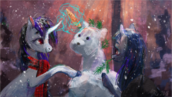 Size: 1920x1080 | Tagged: safe, artist:wolfiedrawie, derpibooru import, oc, oc only, oc:cosmia nebula, oc:lurid shadow, pony, unicorn, carrot, clothes, food, horn, scarf, snow, snowmare, snowpony, winter