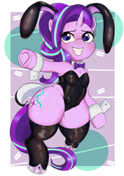 Size: 2894x4093 | Tagged: safe, artist:zekn, derpibooru import, starlight glimmer, pony, semi-anthro, unicorn, g4, armpits, bowtie, bunny ears, bunny suit, chest fluff, clothes, female, horn, looking at you, mare, necktie, smiling, smiling at you, socks, solo, thigh highs, thighs, thunder thighs, underhoof, wide hips