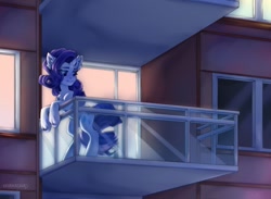 Size: 1196x876 | Tagged: safe, artist:shinizavr, derpibooru import, rarity, pony, unicorn, balcony, bipedal, bipedal leaning, ear fluff, ears, female, horn, leaning, mare, smiling, solo, unshorn fetlocks