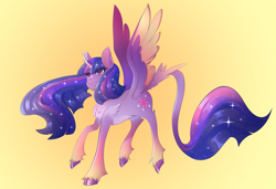 Size: 2321x1588 | Tagged: safe, artist:aobabean, derpibooru import, twilight sparkle, twilight sparkle (alicorn), alicorn, pony, cloven hooves, colored hooves, colored wings, ethereal mane, ethereal tail, female, gradient background, hooves, leonine tail, mare, multicolored wings, redesign, simple background, smiling, solo, tail, tail feathers, unshorn fetlocks, wingding eyes, wings, yellow background