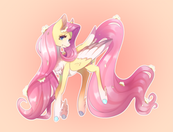 Size: 2191x1681 | Tagged: safe, artist:aobabean, derpibooru import, fluttershy, pegasus, pony, colored hooves, colored wings, feathered fetlocks, female, flower, flower in hair, hooves, long mane, long tail, mare, multicolored wings, redesign, simple background, solo, tail, thin, wingding eyes, wings