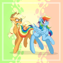 Size: 892x896 | Tagged: safe, artist:xxmikaraxx, derpibooru import, applejack, rainbow dash, earth pony, pegasus, pony, g4, abstract background, appledash, biting, blush lines, blushing, duo, duo female, female, lesbian, mare, shipping, tail, tail bite