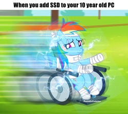 Size: 1216x1086 | Tagged: safe, artist:rsa.fim, derpibooru import, edit, edited screencap, screencap, rainbow dash, pegasus, pony, g4, rainbow falls, cropped, injured, meme, outdoors, solo, wheelchair