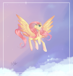 Size: 1619x1703 | Tagged: safe, artist:aobabean, derpibooru import, fluttershy, pegasus, pony, g4, cloud, cyan eyes, detailed background, female, flowing mane, flowing tail, flying, mare, pink mane, pink tail, raised leg, signature, sky background, solo, spread wings, tail, wings, yellow coat