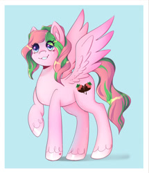 Size: 1280x1491 | Tagged: safe, artist:aobabean, derpibooru import, oc, oc only, pegasus, pony, blue eyes, raised leg, shading, simple background, smiling, solo, spread wings, tail, two toned mane, two toned tail, unshorn fetlocks, wings