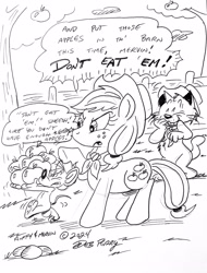 Size: 2539x3342 | Tagged: safe, artist:debmervin, derpibooru import, applejack, oc, oc:fluffy and mervin, oc:fluffy the cat, oc:mervin mouse, g4, apple, apple tree, black and white, grayscale, monochrome, tree