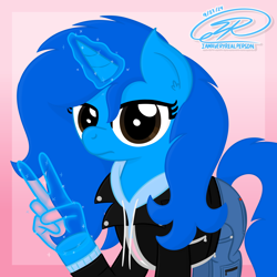 Size: 4608x4608 | Tagged: safe, artist:iamaveryrealperson, derpibooru import, oc, oc only, oc:"d", pony, unicorn, aura, blue coat, blue mane, blue pony, brown eyes, closed mouth, clothes, colored, date (time), denim, eyelashes, female, gradient background, hand, hoodie, horn, indifferent, jacket, jeans, leather, leather jacket, long hair, long mane, long tail, looking at you, magic, magic aura, magic hands, mare, pants, peace, peace sign, pink background, pocket, raised hoof, raised leg, signature, simple background, solo, sparkles, standing, tail, trans female, transgender, transgender oc, unicorn horn, unicorn oc, watermark, zipper