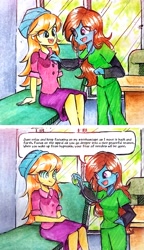 Size: 2333x4055 | Tagged: safe, artist:liaaqila, derpibooru import, orange sunrise, oc, oc:nurse hypno heart, equestria girls, g4, checkup, clothes, comic, commission, dialogue, hypnosis, hypnotherapy, hypnotized, scrubs (gear), stethoscope, traditional art